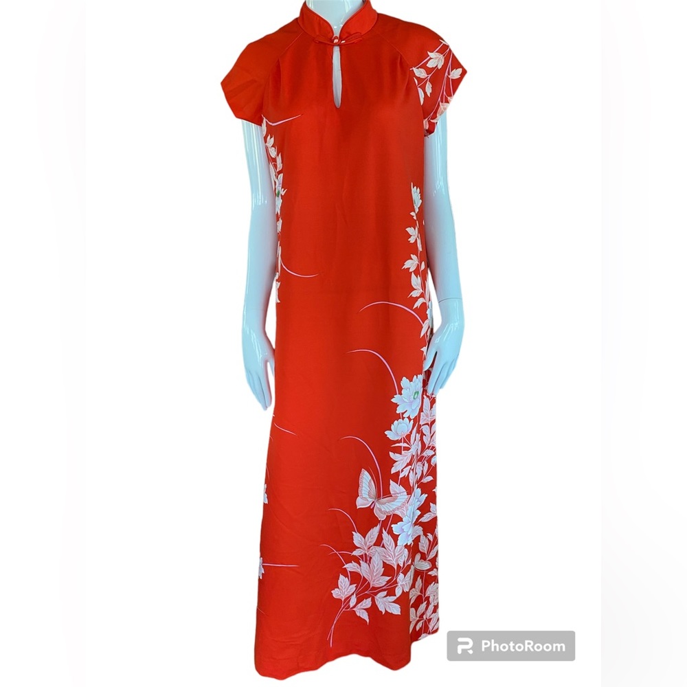 Size 12 Island Casuals Red HAWAIIN Floral Butterfly Pattern Keyhole VTG Dress